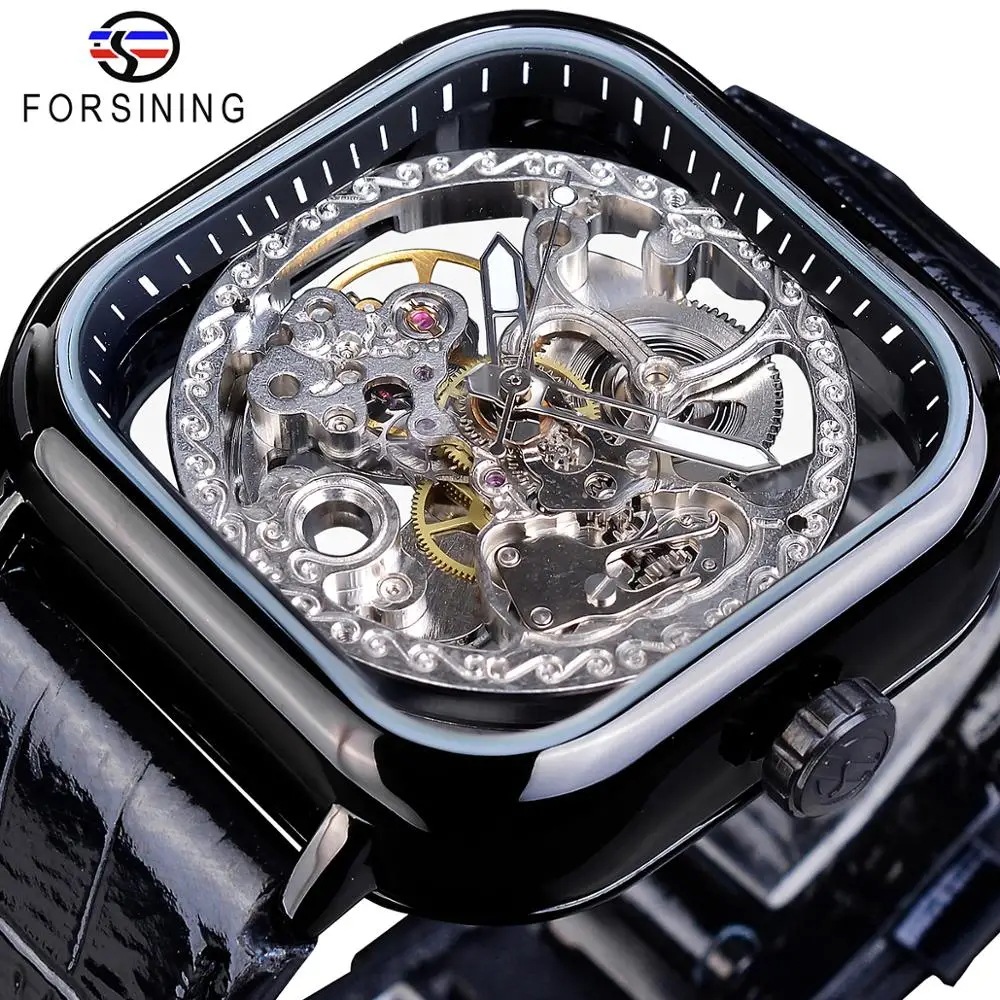 Forsining-メンズ自動スケルトンウォッチ クリアフラワーギア ブラックベルト 発光 ビジネス ファッション