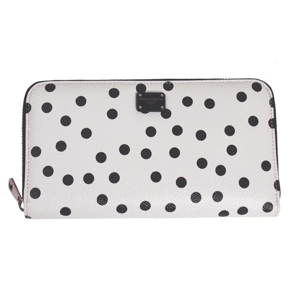 ラウンドファスナー長財布 ドットプリント 型押しレザー ホワイト系/ブラック BI0473 AI024 HW86N