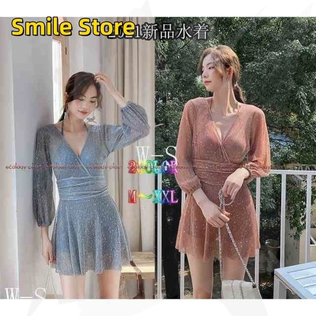 レディースオールインワン水着ワンピース水着長袖体型カバーシフォンVネック露出控えめ温泉用お湯用2colorM-XXL