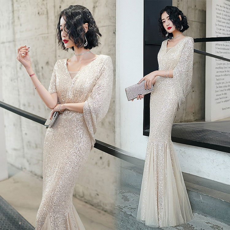 大ヒット マーメイドドレス スパンコール イブニングドレス シャンパン色 シルバー キラキラドレス Vネック ロングドレス タイト 発表会ドレス マーメイドライン 二次会ドレス パーティードレス お呼