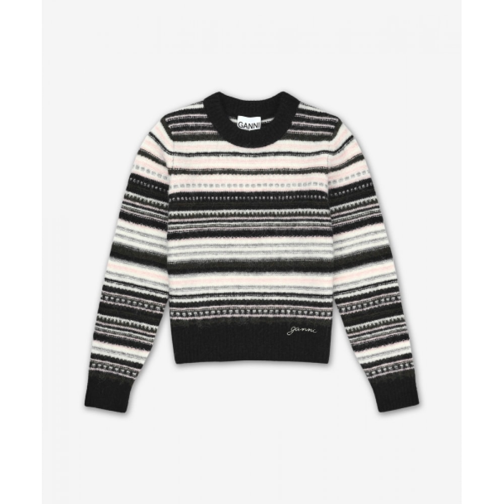 GANNI ソフトウールストライプ Oネックニット-ブラック/K2391099