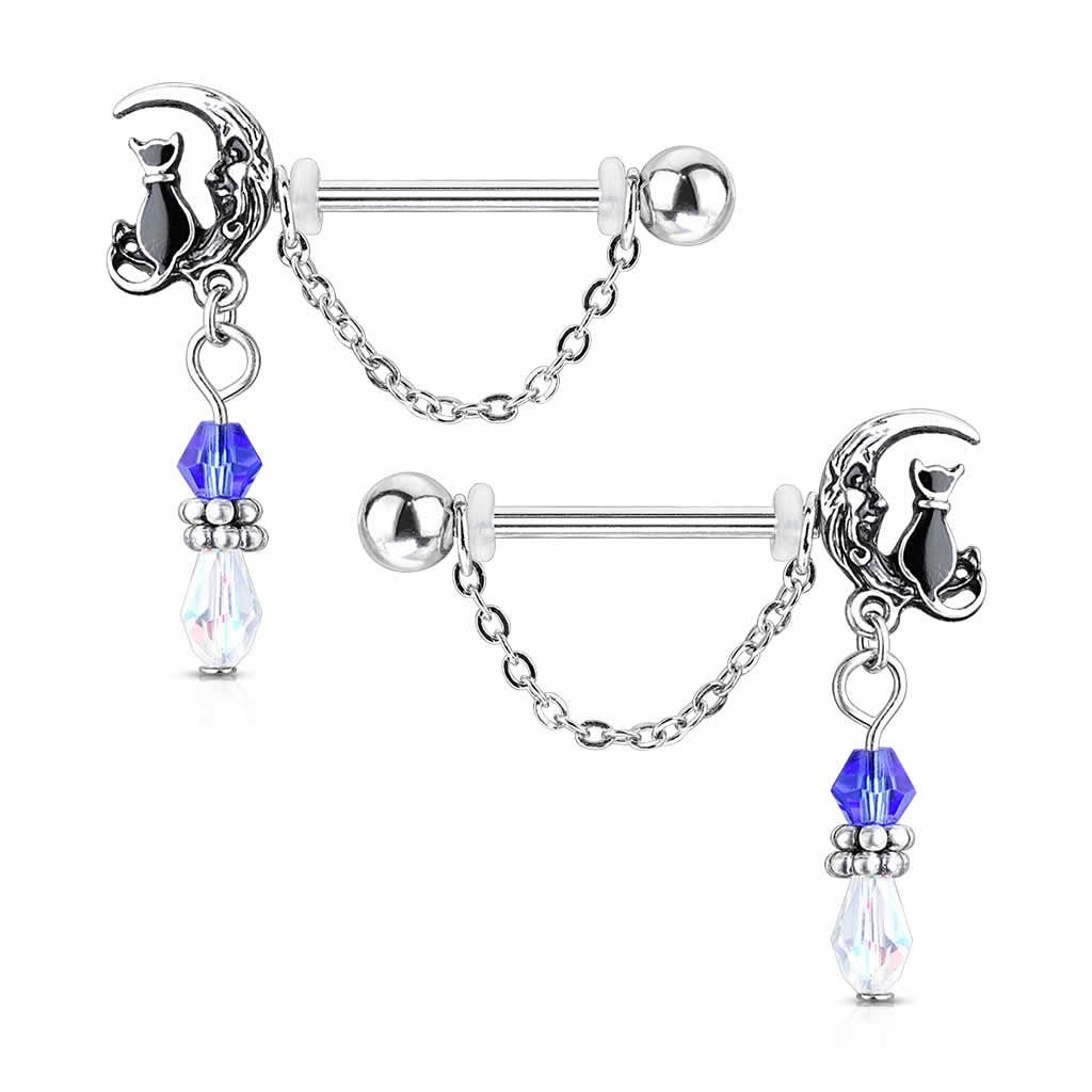 ボディピアス 14G キャットナイト ストレートバーベル ニップルピアス 1ペア販売 黒猫 三日月に座るクロネコ 夜空 男性 女性 プレゼント 揺れる チャーム 可愛い np372