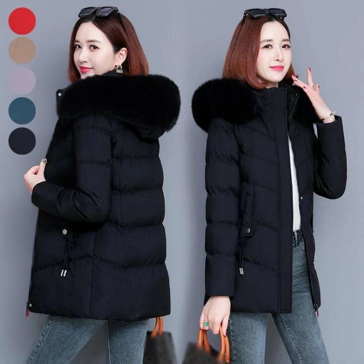 【】ダウンコート ミドルコート丈 中綿コート ダウンジャケット レディース カジュアル アウター シンプル 20代30代40代 フード付き 韓国風 フェイクファー 冬服 M-4XL 上着 おし