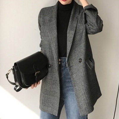 5120.チェック柄ジャケット（ブラック）2019 春夏 sale 春夏 sale アウター 美ライン おしゃれ グレンチェック ミディアム カジュアル オフィス ビジネス お出かけ 女子会 普段使い