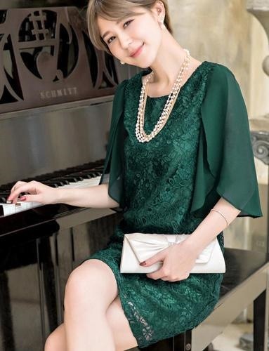 1401.レースシフォンドレス （グリーン） 2019 春夏 sale 結婚式 お呼ばれ ドレス 二次会 披露宴 レディース 膝丈 パーティードレス 結婚式 袖あり 半袖 20代 30代 40代
