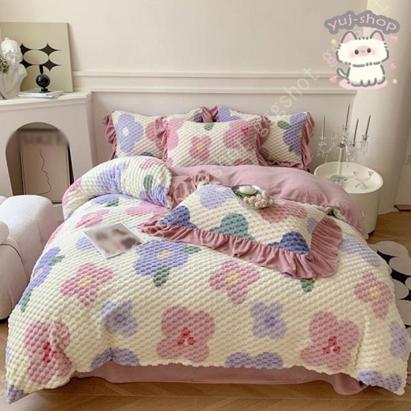 フリル 姫系 北欧 可愛い 布団カバーセット もこもこ保温 シングル クイーン 布団カバー かけ布団カバー 掛け布団カバー 枕カバー フラットシーツ おしゃれ