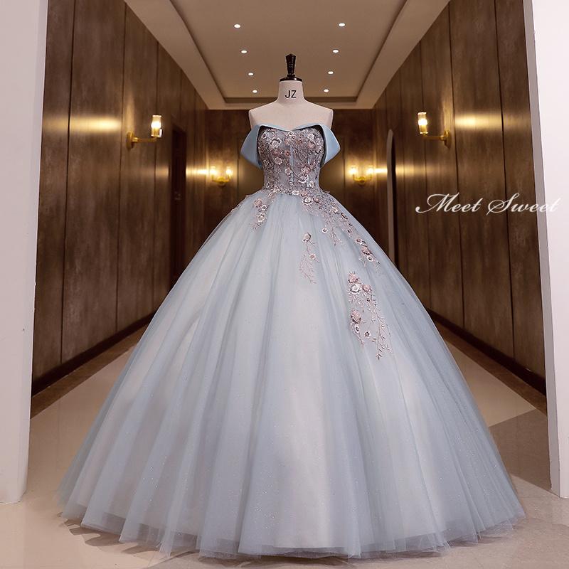 カラードレス 刺繍 青 ブルー オフショルダー ロングドレス 結婚式 二次会 発表会 演奏会 ウェディングドレス ウエディングドレス 花嫁 前撮り プリンセスドレス イブニングドレス コンサート パー