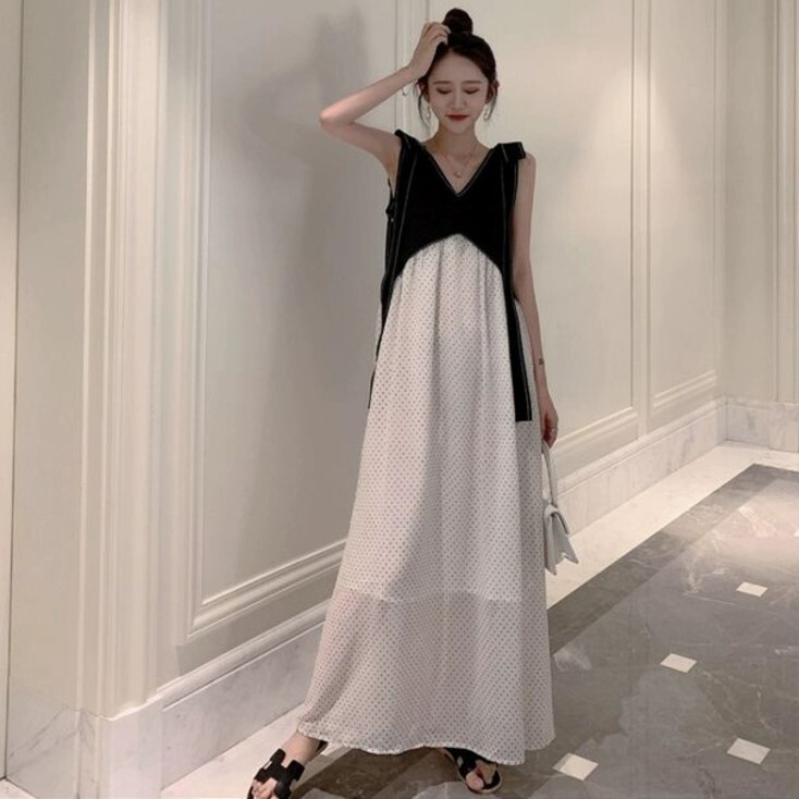 ワンピース フレアワンピース ロング丈 袖なし ノースリーブ Aライン 切り替えデザイン ドッキング シフォン リボン 透け感 薄手 かわいい 大人可愛い カジュアル 大人 おしゃれ お洒落