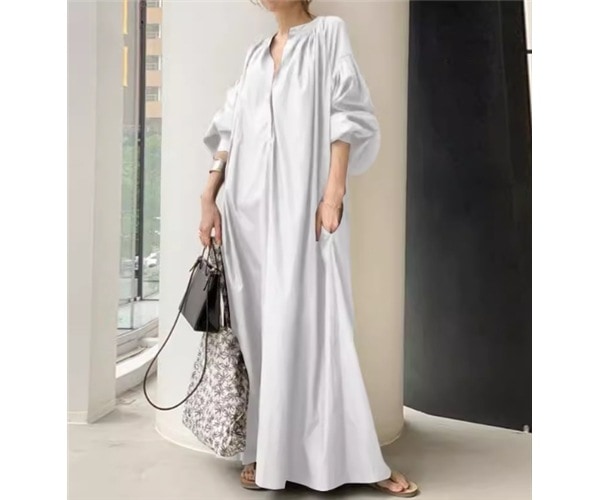 レディース ワンピース プルオーバー ロング マキシ 5分袖 ボリューム袖 バルーン袖 ランタンスリーブ ポケット リネン 綿 コットン 大人可愛い シンプル カジュアル 上品 おしゃれ かっこいい