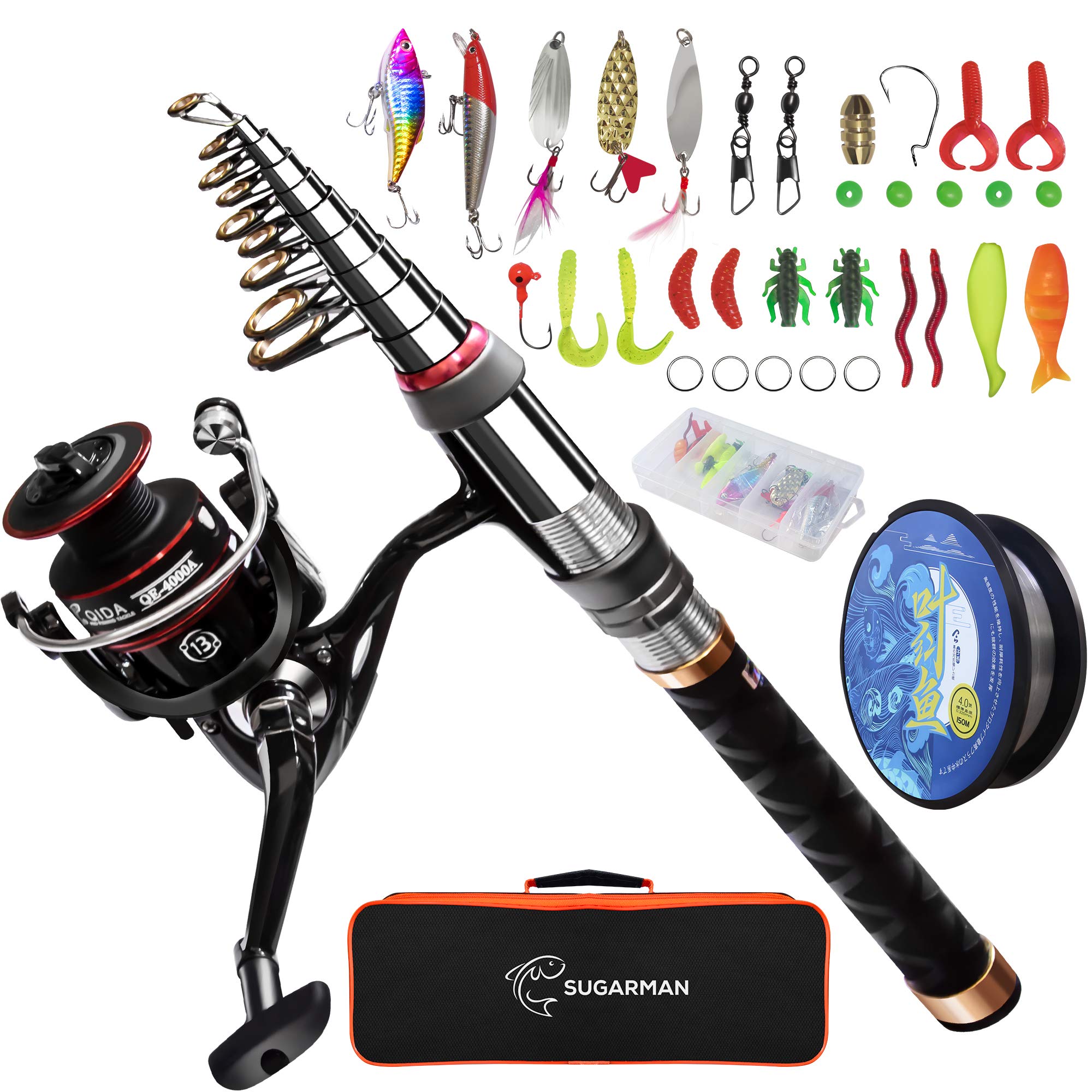 Sugarman 釣りセット 釣り竿 2.1M炭素伸縮釣竿 ロッド スピニングリール 釣り餌 釣り糸付 初心者向け つりざおセット 収納バッグと日本語説明書付き 海釣り 川釣り 穴釣り 磯釣り 堤防釣
