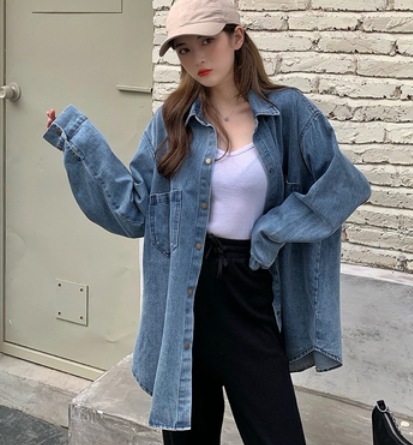 カジュアルデニム長袖シャツ トップス トップス ロング丈 袖あり 綿 爽やか スタイル 可愛い きれいめ シンプル カジュアル 上品 おしゃれ かっこいい レトロ アジアン 可愛い