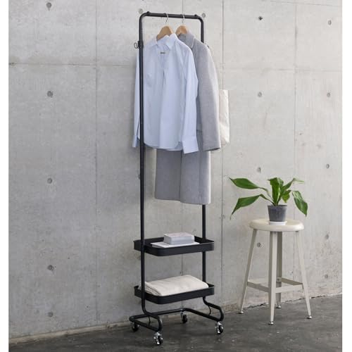 色：ブラック サイズ：バスケット2段(スリム) [山善] ワゴン ハンガーラック トローリーハンガー