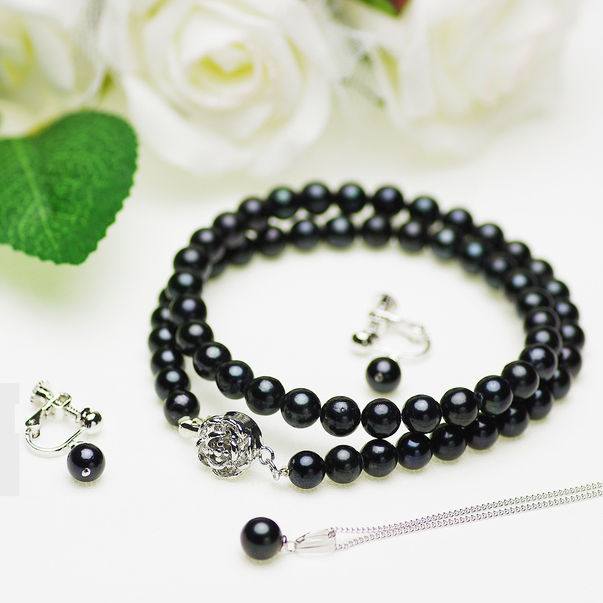 日本製本物天然アコヤ真珠フォーマルセット黒染 約6.5-7.5