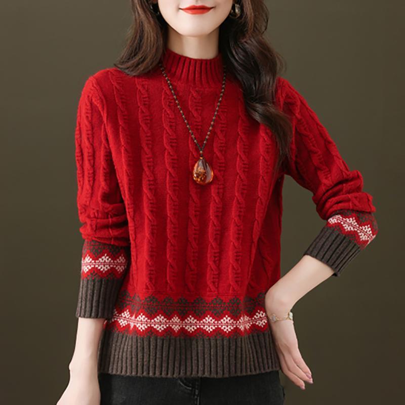 セーター 長袖 レディース 女性 秋冬 厚手 カラーブロック レトロ トップス プルオーバー ハーフハイネック ルーズ ウール ニット 大きいサイズ 赤 ピンク ベージュ