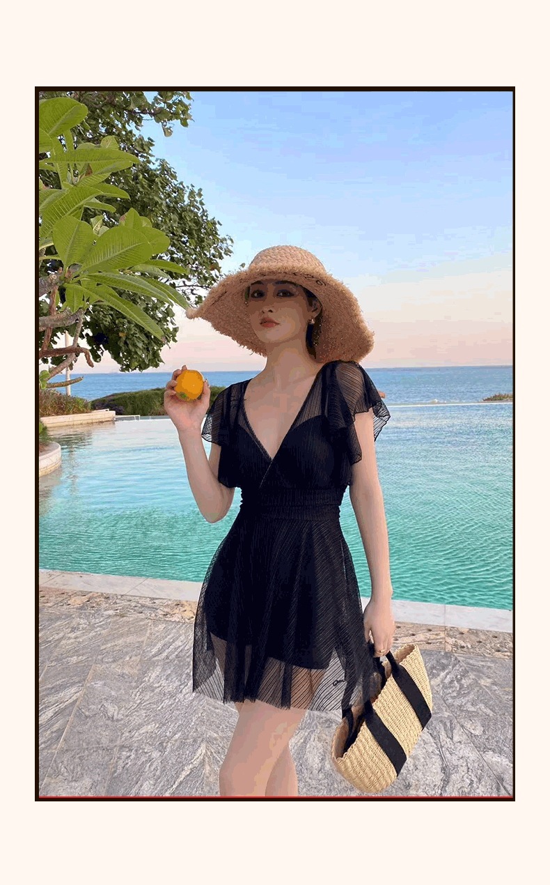 水着 体型カバー ワンピース水着 セクシービキニ 体系カバー水着 パッド付き 二の腕カバー ウエストマーク 切り替えデザイン 透け感 胸元 谷間 谷間魅せ 大人可愛い セクシー 大人 大人っぽい