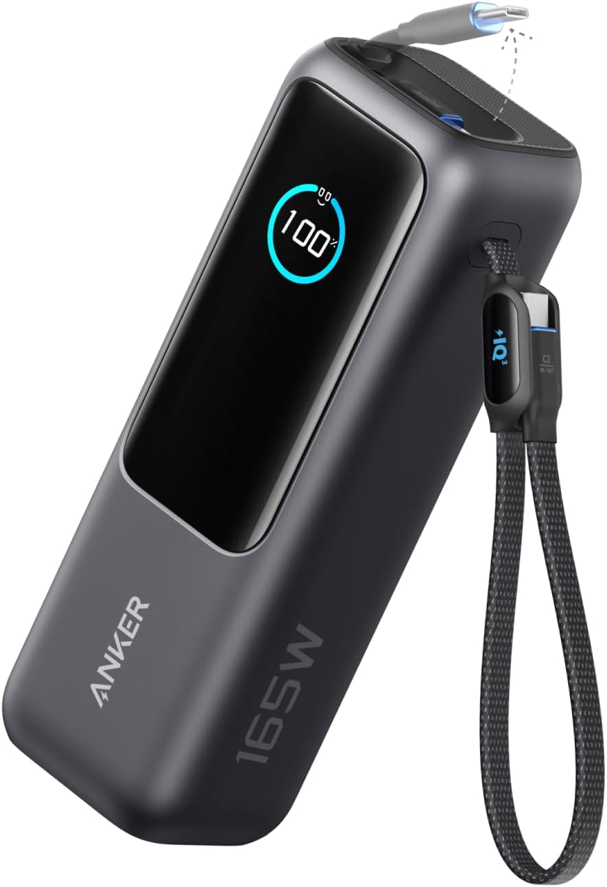 Anker Power Bank (25000mAh, Built-In & 巻取り式USB-Cケーブル) 【PD対応/PSE技術基準適合/USB-C入力対応 / 165W出力 MacBook PD対