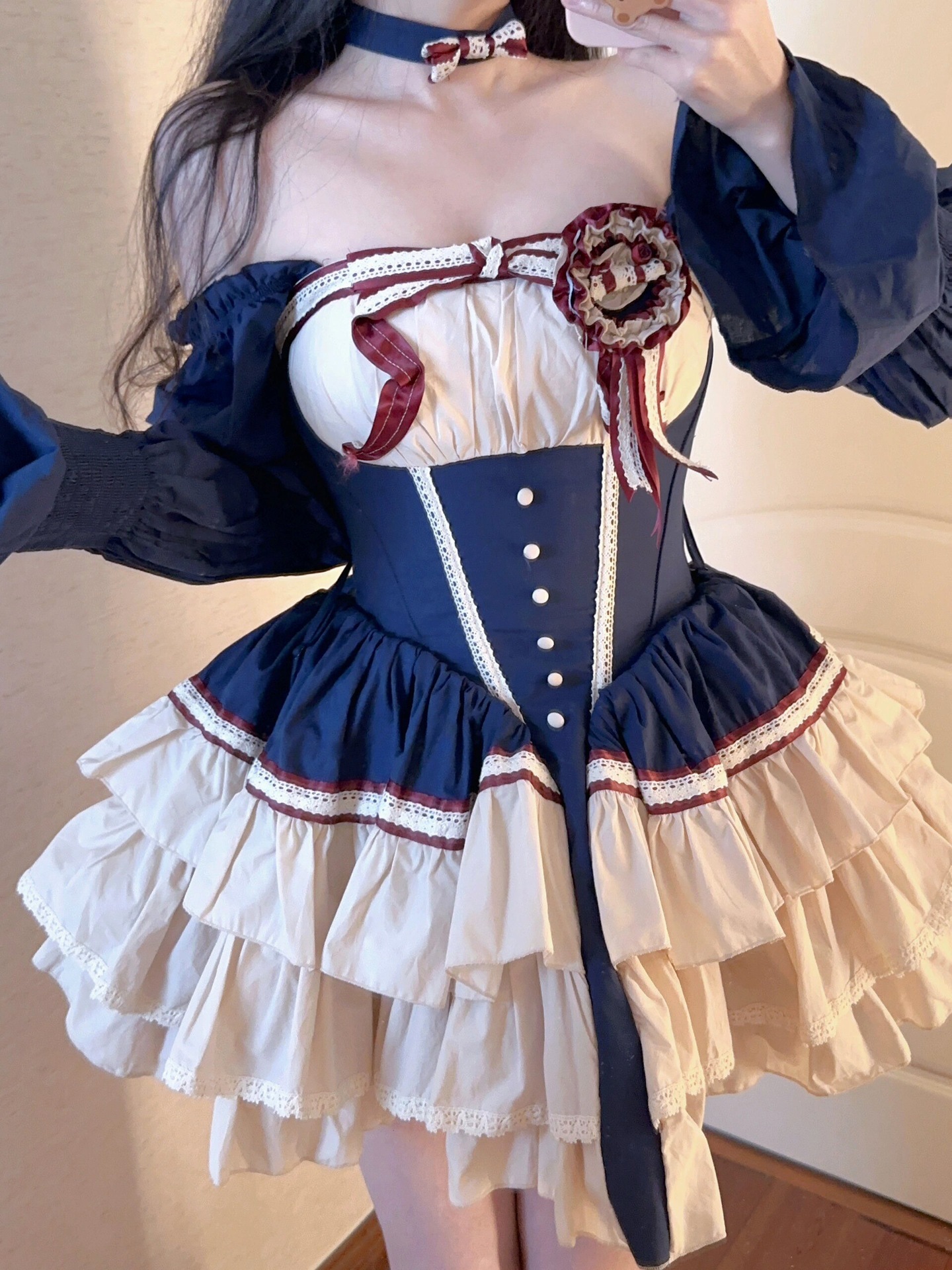 甘いパフスリーブロリータパフスカート女性バレエスタイルウエスト長袖プリンセスドレス