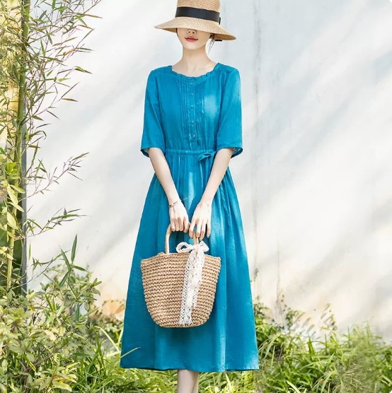 ワンピース Aラインワンピース ミディアム丈 5分袖 Vネック プリーツ 大人可愛い シンプル ナチュラル カジュアル おしゃれ 大人女子 こなれ感 ガーリー 存在感 春 夏 10代 20代 30代