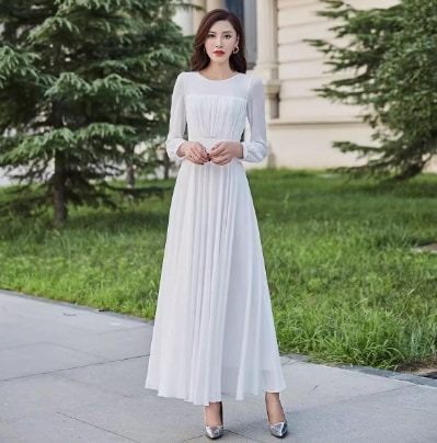 レディース ワンピース ドレス マキシ 長袖 ラウンドネック フレア プリーツ レース シフォン 大人可愛い きれいめ シンプル 上品 おしゃれ かっこいい レトロ ガーリー ルーズ 個性的 クール