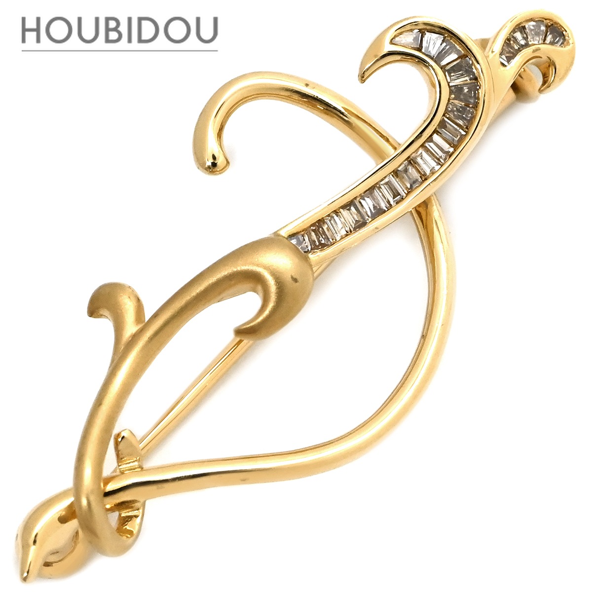 ブローチ ダイヤ 0.14ct イエローゴールド Au750 YG オープンワーク 曲線デザイン バゲットカット 【中古】