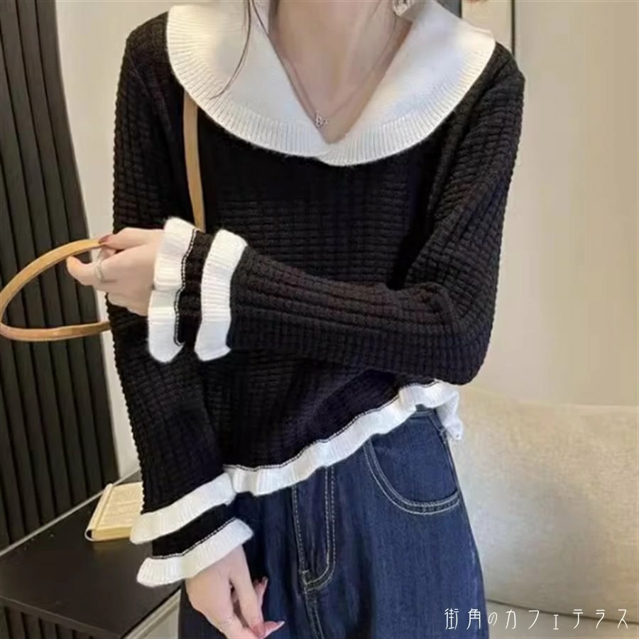 トップス 3色 セーター 長袖 フレア袖 フレアスリーブ Vネック 襟付き Aライン フレア プルオーバー フリル ニット 厚手生地 かわいい 大人可愛い 大人女子 こなれ感 シンプル カジュアル 大 5,319円