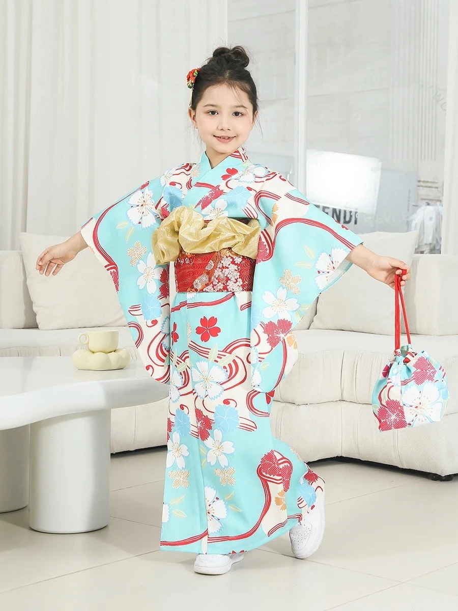 人気商品 浴衣 子供 女の子 【浴衣 帯 帯揚げ 巾着袋 髪飾り5点セット 】 100~140cm 浴衣セット 作り帯 花柄 立体成型帯 レトロ 古典柄 キッズ ジュニア パフォーマンスコスチューム