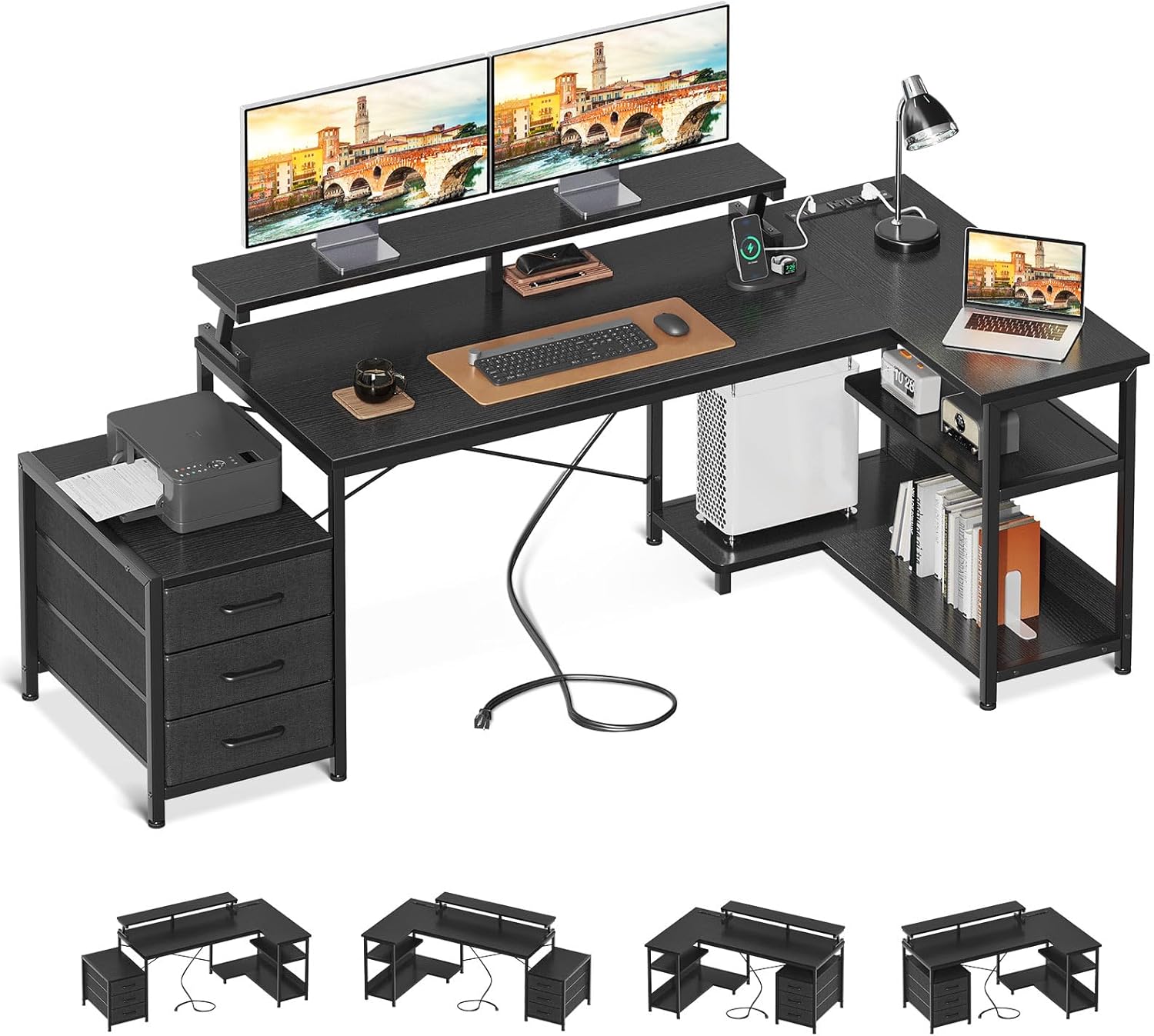 ODK パソコンデスク 引き出し3杯付き ゲーミングデスク コンセント付き l字デスク デスク 机 幅184/146*80 pcデスク 棚付き 収納 オフィスデスク 在宅勤務 仕事用 組立簡単