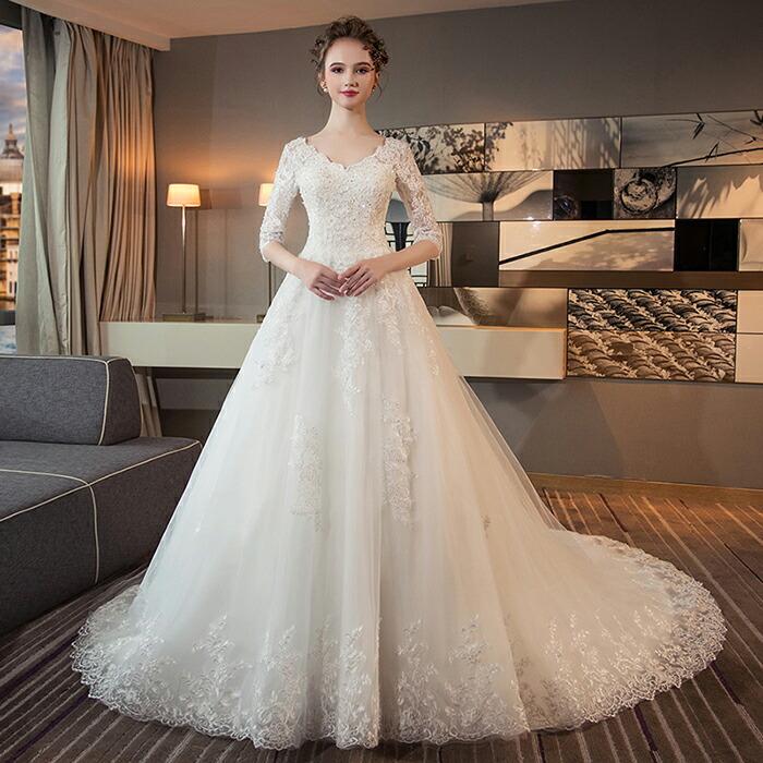 プリンセスラインドレス ロングドレス ウエディングドレス ブライダル トレーン Vネック ウェディングドレス 結婚式 二次会 披露宴 花嫁 オフホワイト 編み上げ
