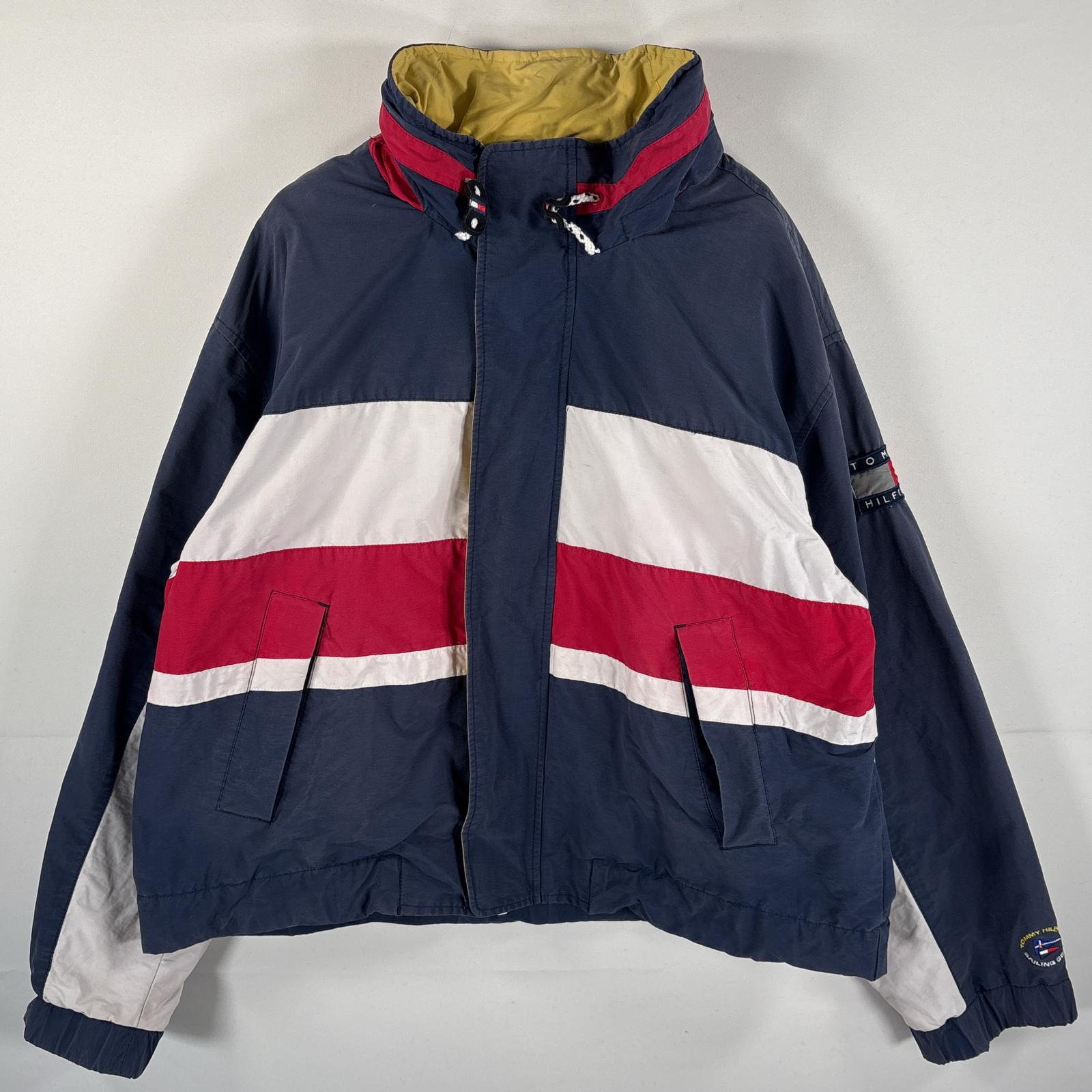 古着 90s/90年代 コットンナイロンジャケット フード付き 大きいサイズ XL ネイビー マルチカラー メンズ