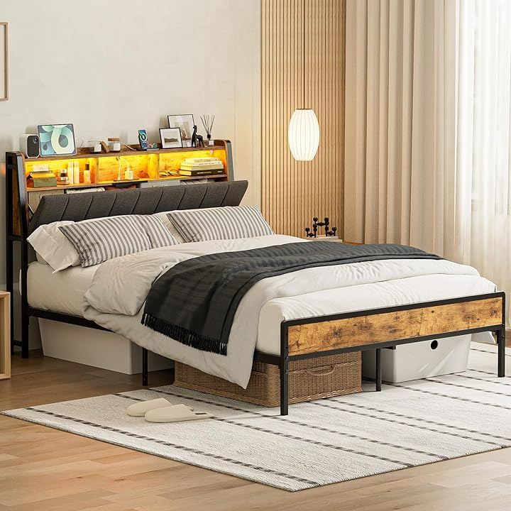 ベッドフレーム ファブリックベッド収納宮棚付き パイプベッド ダブルベッド スチールベッド 2段階高さ調整 布張り 静音 通気性 頑丈 カビ防止 安定性 耐久性 (ビンテージ, ダブル)