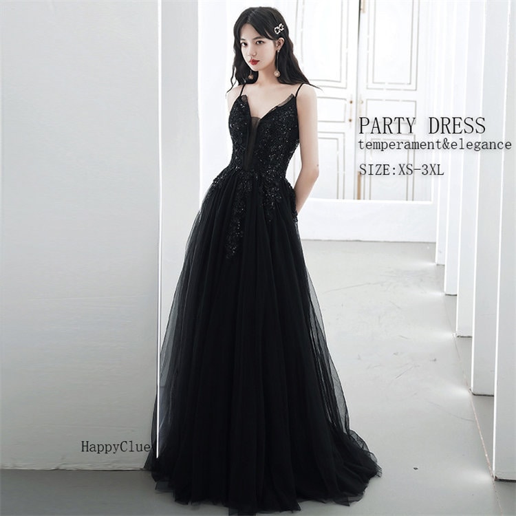 パーティードレス ロング イブイングドレス 黒 セクシー ウェディングドレス 花嫁ドレス 成人式ドレス ピアノ演奏会 発表会 キャミソール フェミニン Aライン 結婚式 二次会ドレス ブライダル 礼服