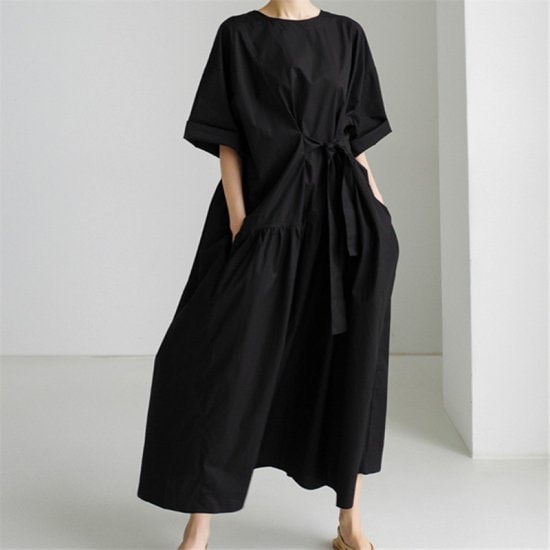 【取寄：納期2週間】ワンピース レディース 大きいサイズ コットン ロング丈 ロングワンピース ラウンドネック