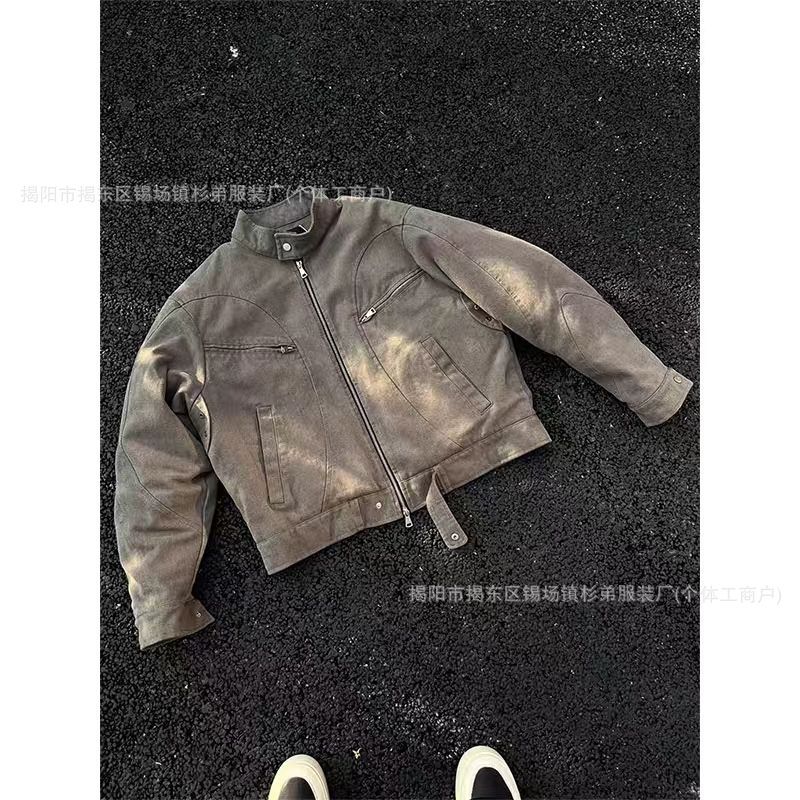 女性用の ンレトロなダメージ加工ショートジャケット秋用のニッチなクリーンフィットの高級デザインモーターサイクルルーズジャケット