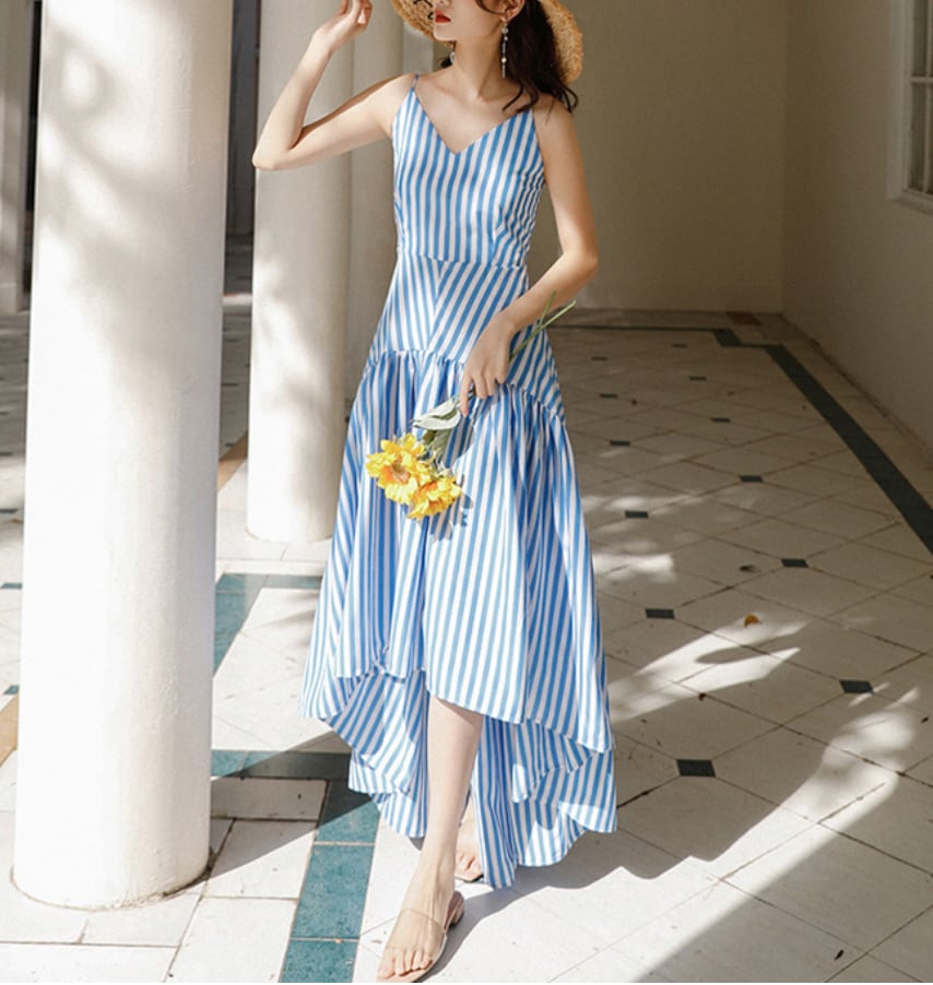 ワンピース 上着 人気 おすすめ おしゃれ お洒落 激安 安い プチプラ 肩出し ノースリーブ Vネック　背中開き ウエスト ロングスカート キャミトップ ふんわり 柄 ストライプ lone