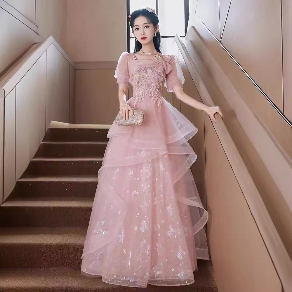 女性のためのピンクのドレスバンケットの気質長いホスト大学院生アート試験パフォーマンスドレスプリンセススカート