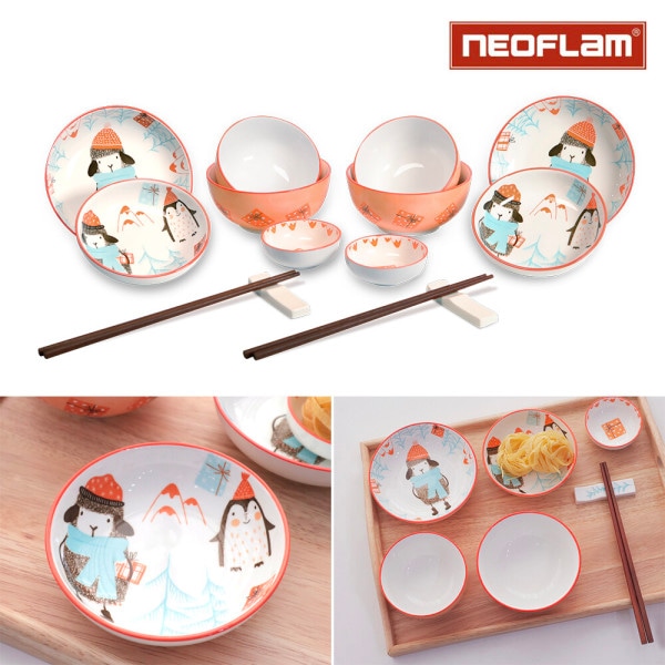 フィバ きれいな器 食器セット 14P 2人 きれいな陶磁器器セット 子供用食器セット 割り箸付き