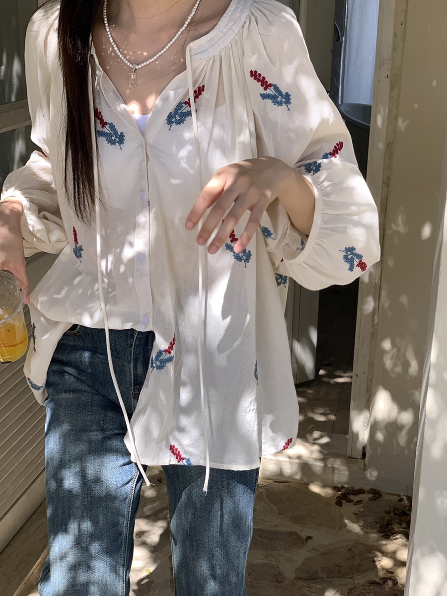 甘いレースアップ刺繍プリントルーズ七分袖ランタンスリーブシャツレディース2024絶妙シャツ 5,368円