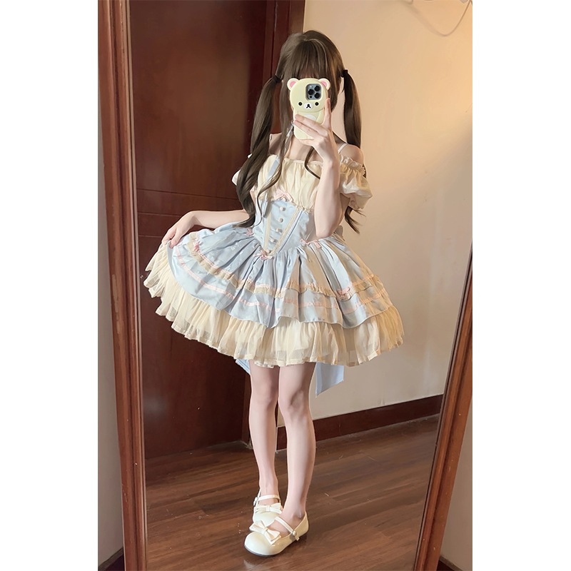 ロリータケーキプリンセスドレスサマーアプリコットブルーロリータウエストドレス女性用
