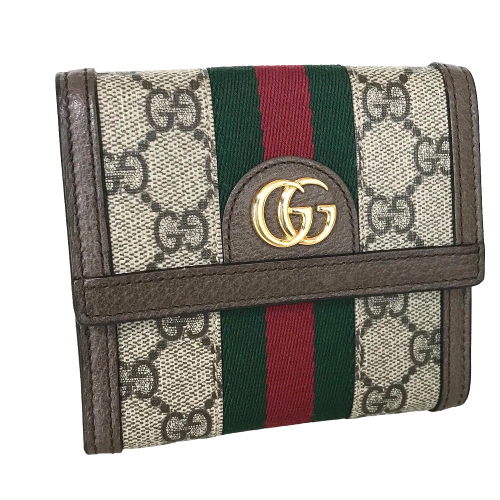 鑑定済 コンパクトウォレット オフィディア シェリーライン 523173 2149 三つ折り財布 GGスプリームキャンバス ベージュ レディース3つ折り 茶色 中古