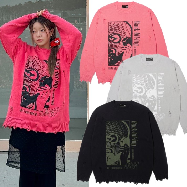 韓国人気B DAMAGED KNIT SWEATER 3色
