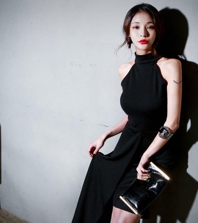 韓国 ファッション パーティードレス アシンメトリー エレガント ハイウエスト ホルターネック タイ