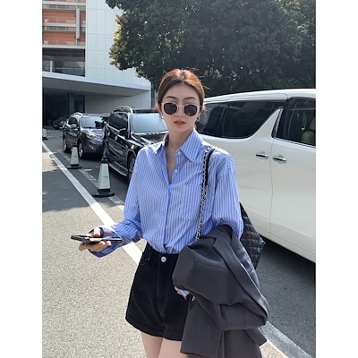 マルバンブルーストライプシャツレディースルーズスラウチーシャツカジュアルレイヤー長袖トップス