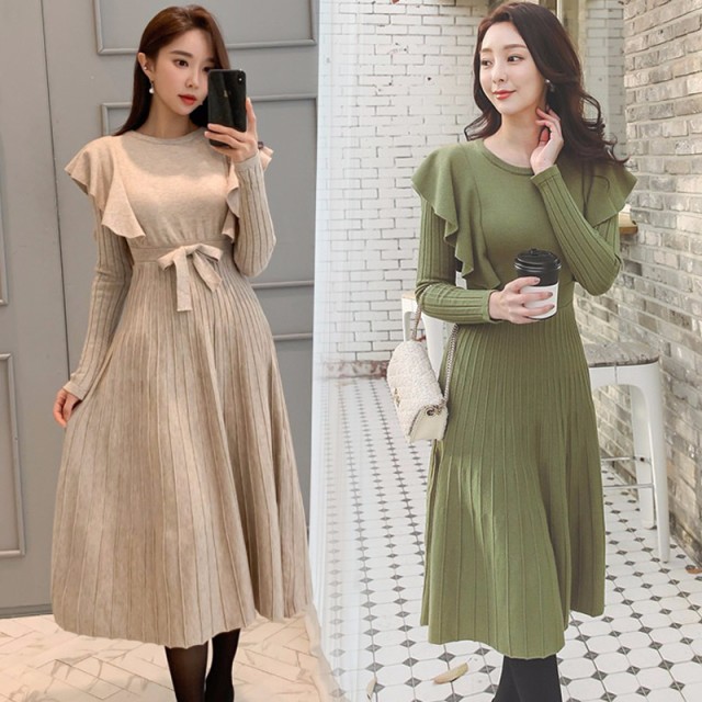 2Way バックリボン センターリボン ロングワンピース 大人女子 膝下丈 プリーツ 長袖 春秋冬