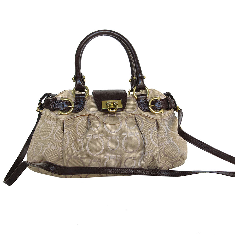 サルヴァトーレフェラガモ Salvatore Ferragamo ハンドバッグ ショルダーバッグ ガンチーニ キャンバス/レザー ベージュ/ブラウン ゴールド レディース s0532