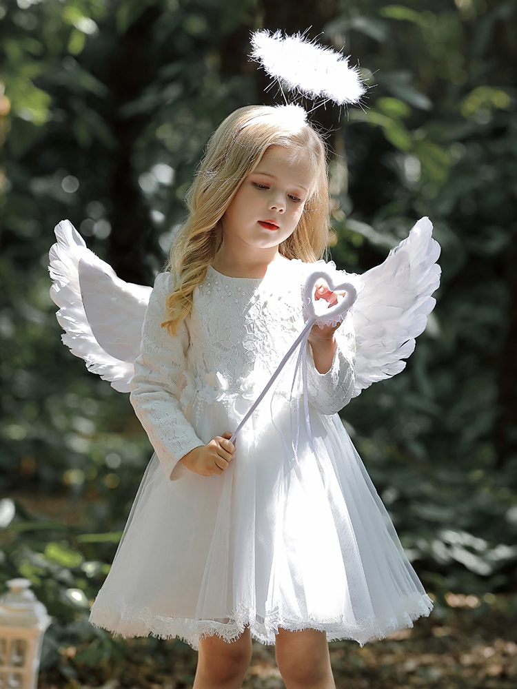 プリンセスドレスガールズウィング子供フラワーガールホワイトウェディングリトルガールドレスエンジェルコスムドレス服秋