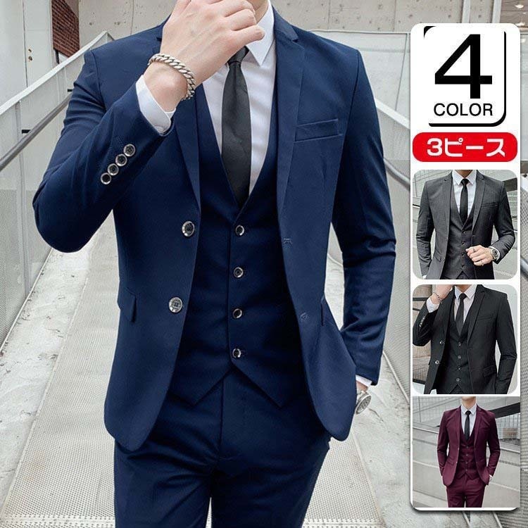 スーツ メンズ スリーピーススーツ ビジネススーツ 2つボタン 無地 フォーマルスーツ スリム 就職 成人式 (suit144)