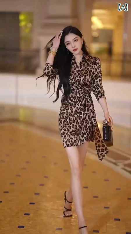 レディース　ドレス　ワンピース の ある クイーン ストリート ヒョウ 柄 ドレス 女性用 初秋 スタイル な ミディアム 丈 ウエスト 長袖 スカート