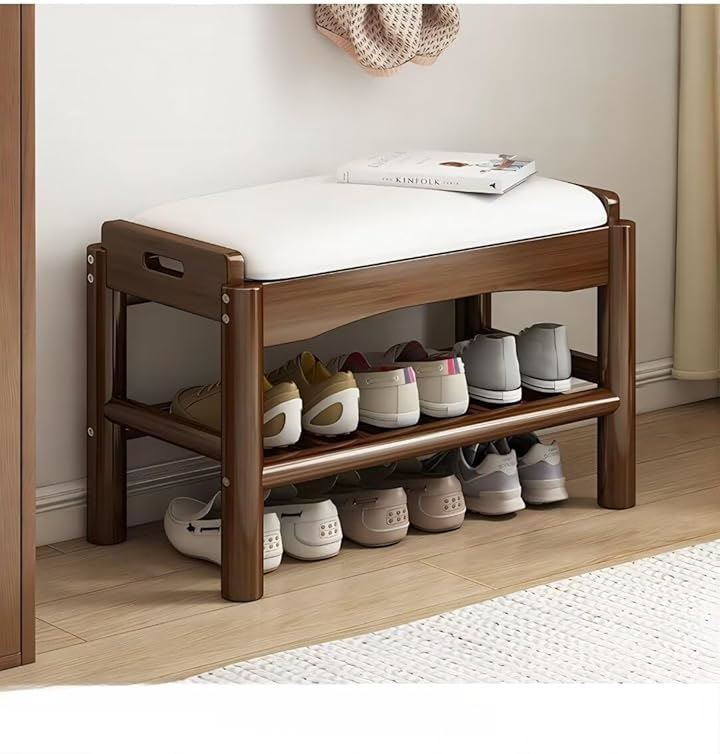 玄関ベンチ 木製 無垢材 北欧 天然木 シューズラック 収納ベンチ 玄関椅子 玄関スツール シューズボックス 靴収納 雑貨 家具(ブラウン, 60x30x40cm)