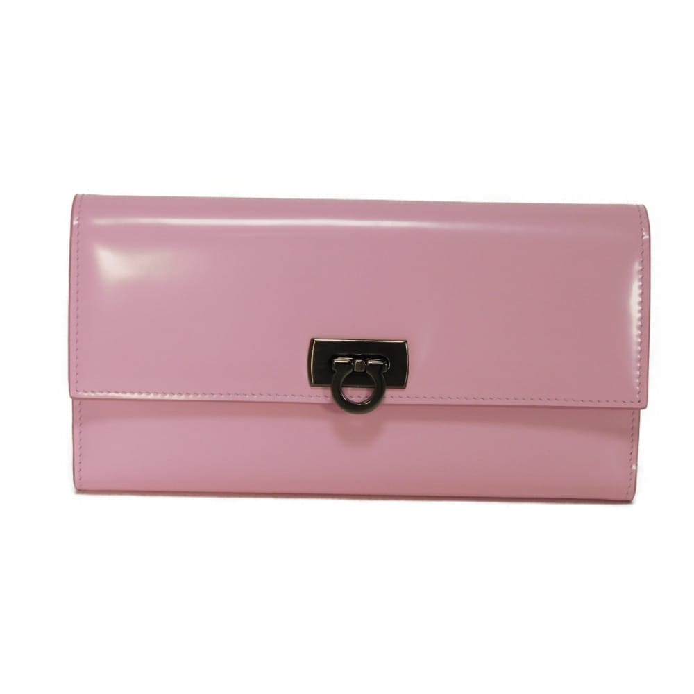 【中古】Salvatore Ferragamo 長財布 新ロゴ カーフ ピンク 三つ折り 美品 ワンダ ロング フラップ ウォレット ガンチーニ 220433