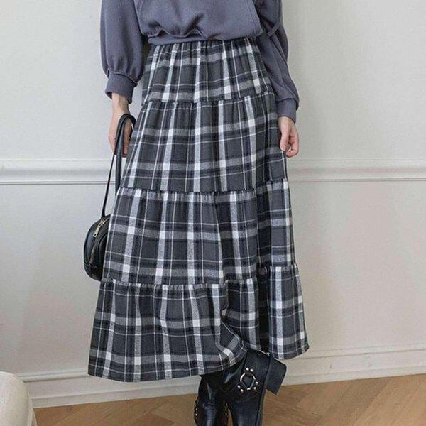 (DK)カンカンベルギーチェックスカート 秋 女性 ロングスカート